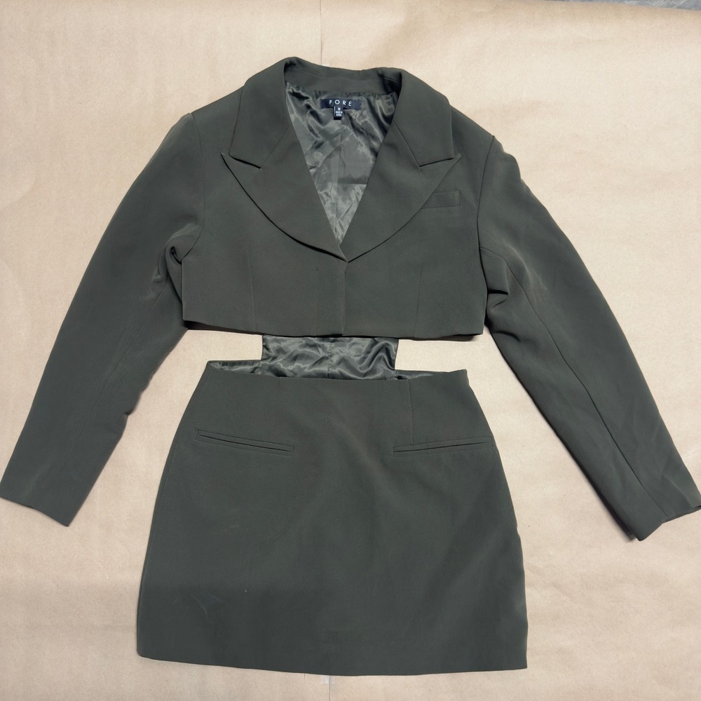 FORE Women Olive Green Cutout Blazer Mini Dress Size M Long Sleeve Peak Lapel